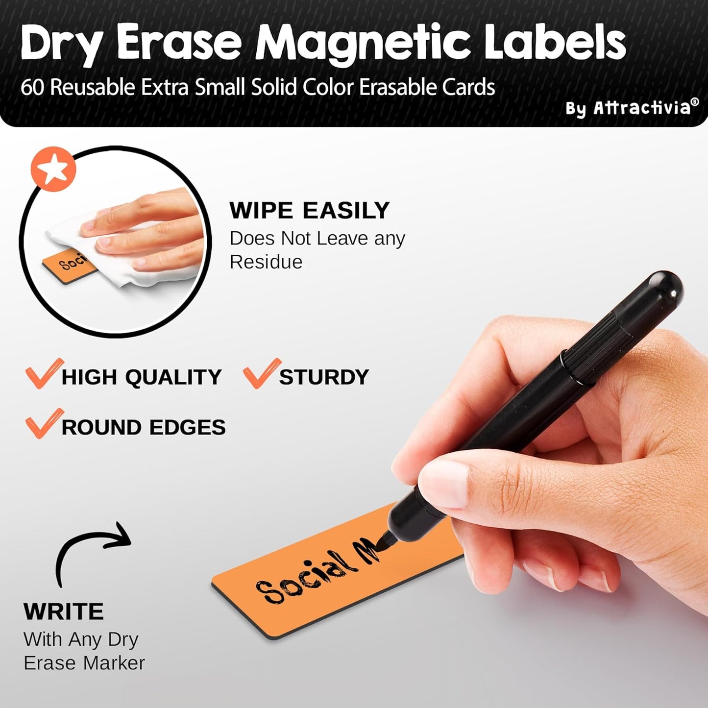 Dry Erase Magnetic Labels 2.8 x 1.2 in, Solid Colors, Dry Erase Magnets, 60-Pack, Colored Erasable Write-On All-Purpose Labels, for Office, Education, Home, Whiteboard