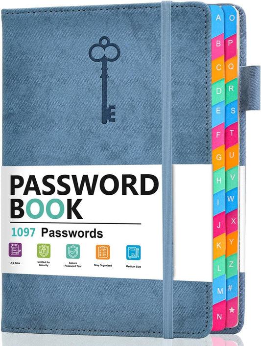 Password Keeper Book with Colorful Alphabetical Tabs, Hardcover Password Log-book for Internet Password and Website Address, 5.8"×8.4" Password Notebook for Home Office (Denim Blue, Medium (5.8 x 8.4 Inch))
