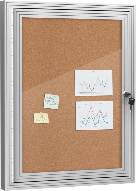 26"x20" Enclosed Bulletin Board, Outdoor Lockable Weather-Resistant Aluminum Cork Noticeboard for School & Office, Silver Frame w/Cork