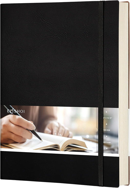 EMSHOI Composition Notebooks College Ruled - Soft Cover Leather Thick Journal, B5 Large Notebook, with Free Sticky Notes, 204 Numbered Pages,100gsm Lined Paper, for Writers Students, 7.5"x10"- Black
