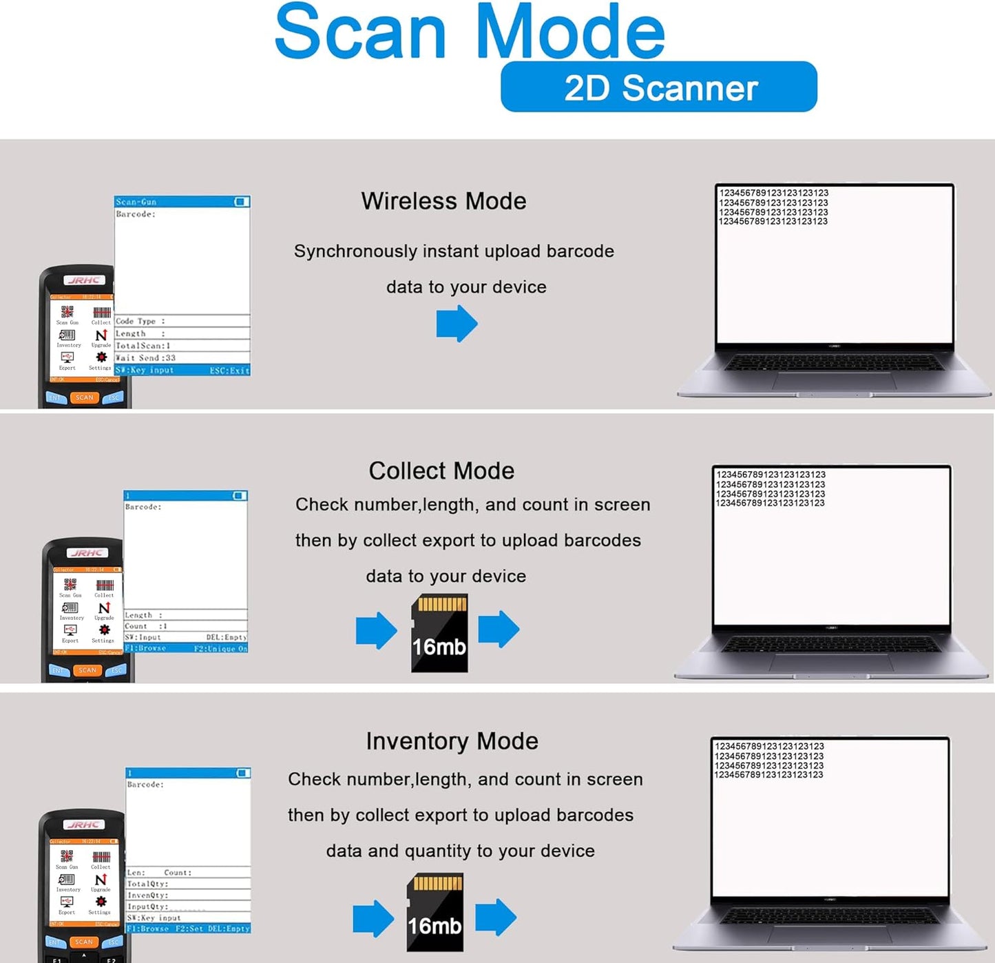 2D Wireless Barcode Scanner,JRHC Portable Inventory Scanner & Data Collector 2.4G Bar Code Reader Long Transmission Distance with 2.8 Inch LCD Screen for Warehouse,Library,Pharmacy,Supermarket,Store