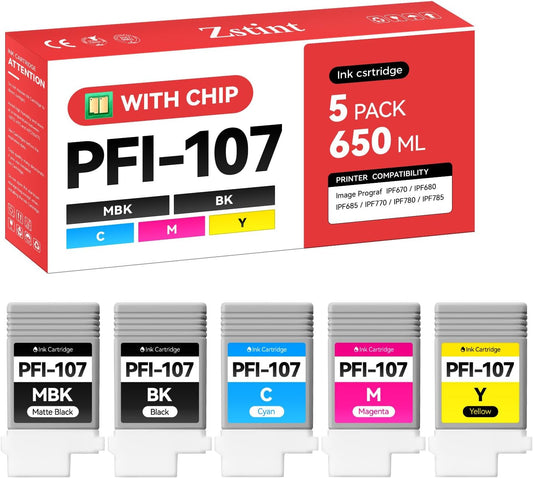 PFI-107 Ink Tank Set 5-Pack 130ml High Capacity Replacement for Canon PFI-107 PFI107 Ink Cartridges Compatible with Canon Color imagePROGRAF iPF670 iPF680 iPF685 iPF770 iPF780 iPF785 Inkjet Printer