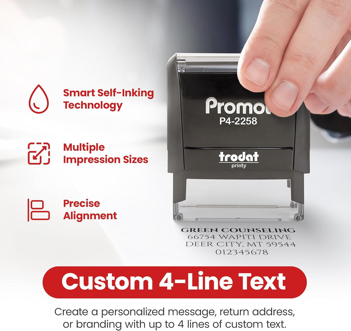 Promot Self Inking Custom Stamp - Up to 4 Lines of Personalized Text, Customized Address Stamp with Easy to Change Ink Cartridge (Large)