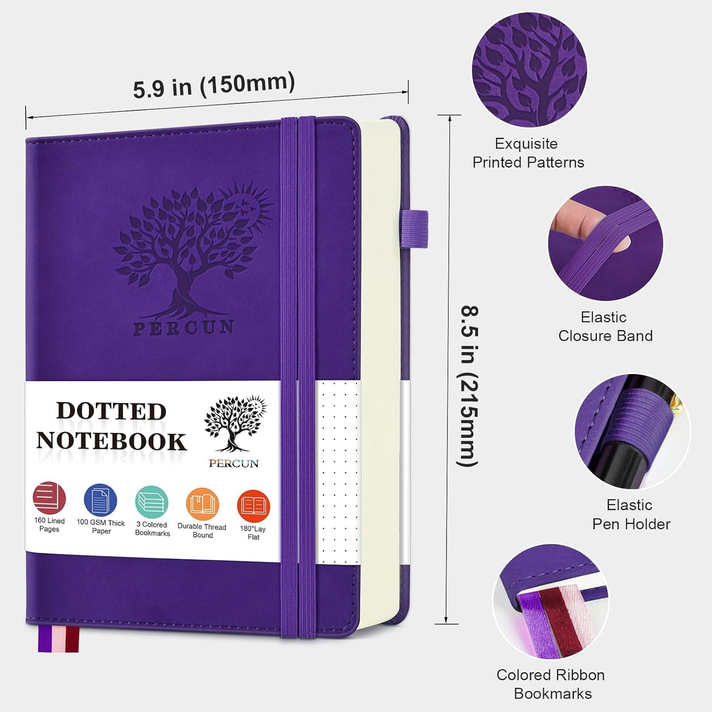 Dotted Journal Notebook for Men & Women, 160 Pages Dot Grid notebook for Note Taking, Bullet Journaling Notebook for Work, School, Travel, Writing, A5 Hardcover 5.9" x 8.5"(Purple)