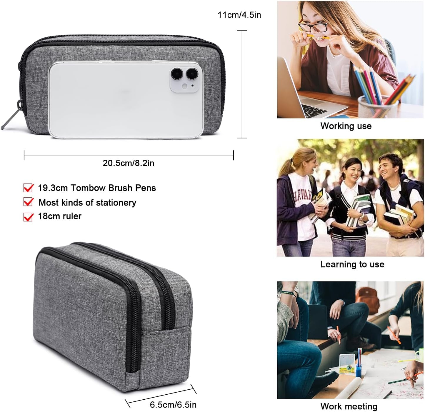 Big Capacity Pencil Pen Case Nylon Large Pencil Pouch Simple Stationery Bag Office Organizer Pen Bag for Men Women - Grey