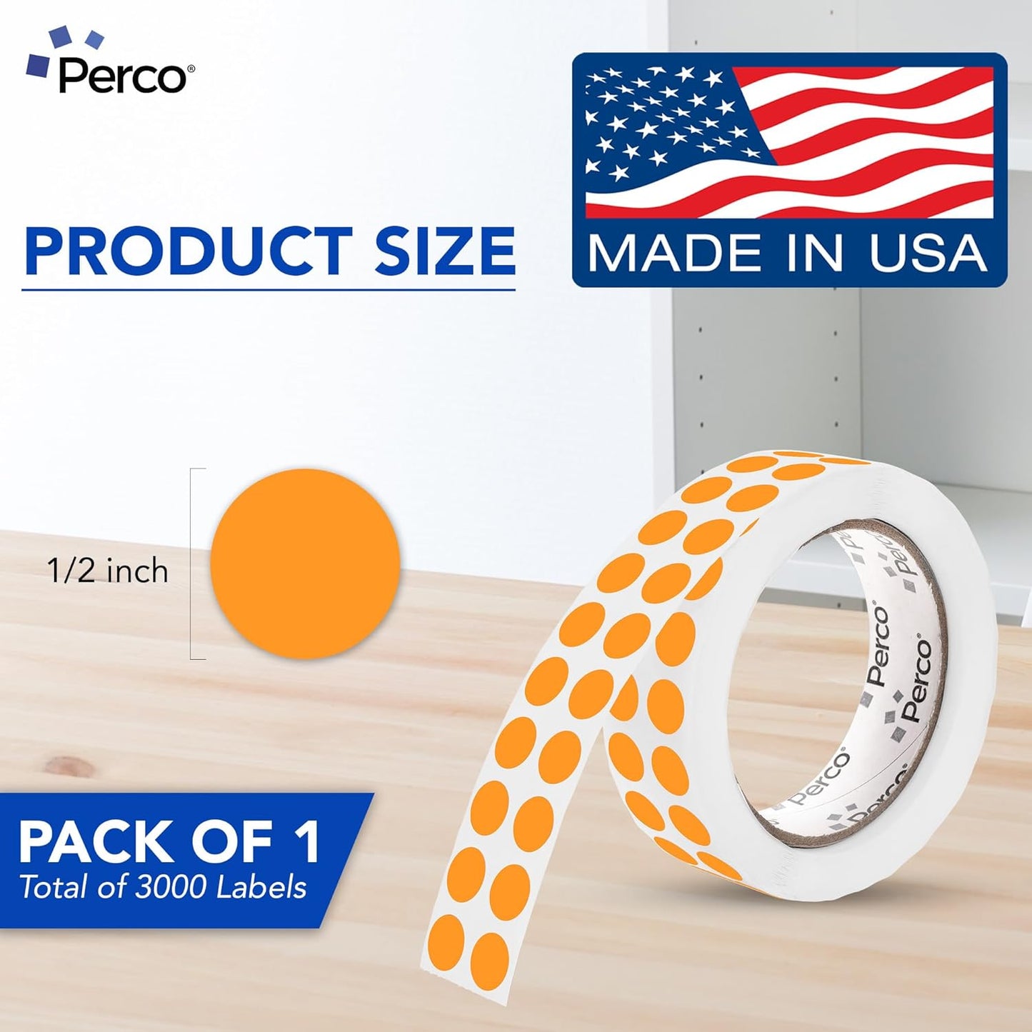 Perco Fluorescent Orange 1/2-Inch Round Circle Dot Sticker Labels with Easy Peel Perforation - 3,000 Labels per Roll - Strong Adhesion, Vibrant Colors for Organizing, Crafting & More - Made in USA