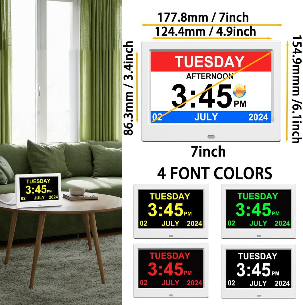 Alarm Clock with Day and Date for Elderly Digital Calendar Clock Photo Frame- Auto Dimmable Display 15 Alarm Options (7inch White)