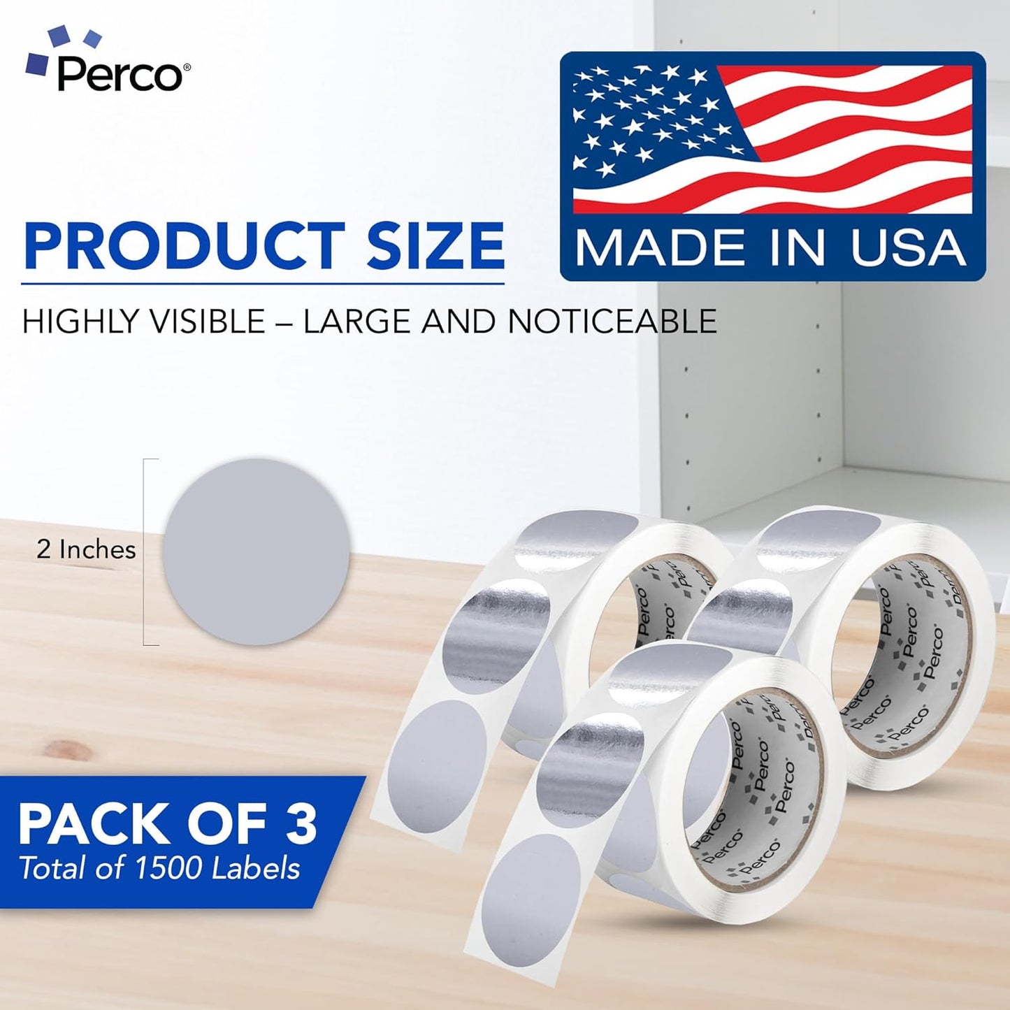 Perco Metallic Silver 2" Round Circle Dot Sticker Labels for Wedding Invitations - Multi-Roll Pack (3 Rolls, 500 Labels Each) - Permanent Adhesive, Vibrant Colors, Perforated for Easy Use, Made in USA