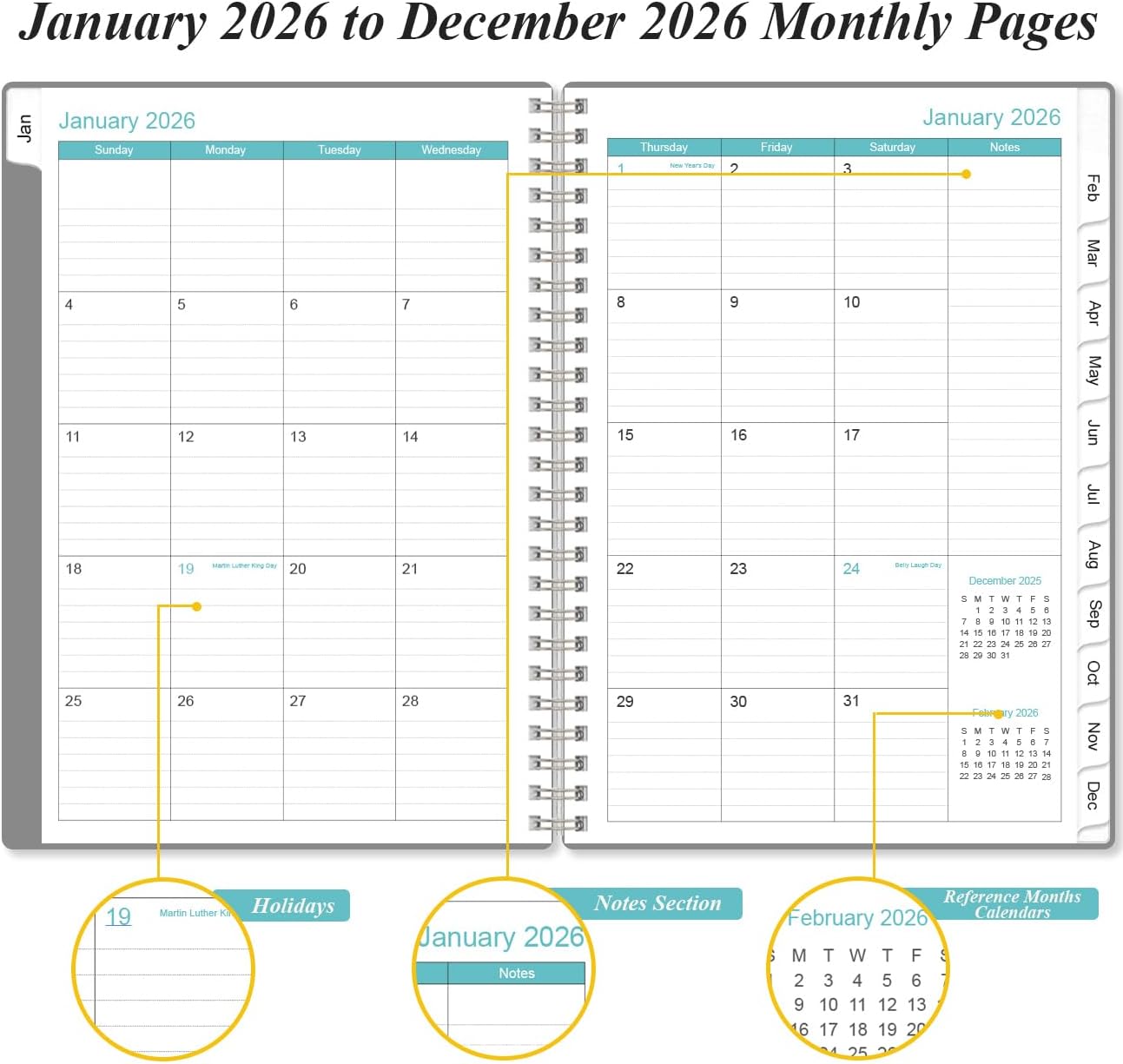 2026 Planner - Planner 2026 from January 2026 - December 2026, Weekly & Monthly Planner Spiral Bound with 12 Monthly Tabs, Inner Pocket, 6.4" x 8.5", Grey-E