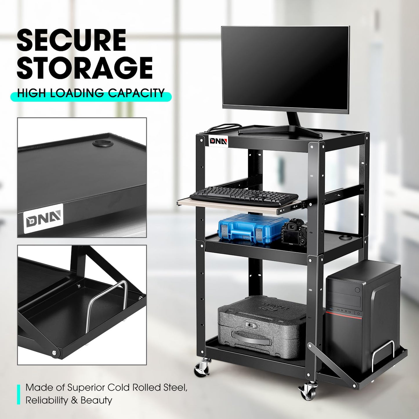 DNA MOTORING Steel AV Cart 3-Layer Rolling Projector Utility Cart, 24" X 18" X 24.6"- 42.5" Height Adjustable, with Wheels, Pullout Keyboard Tray, Power Strip, Cord Management, TOOLS-00497