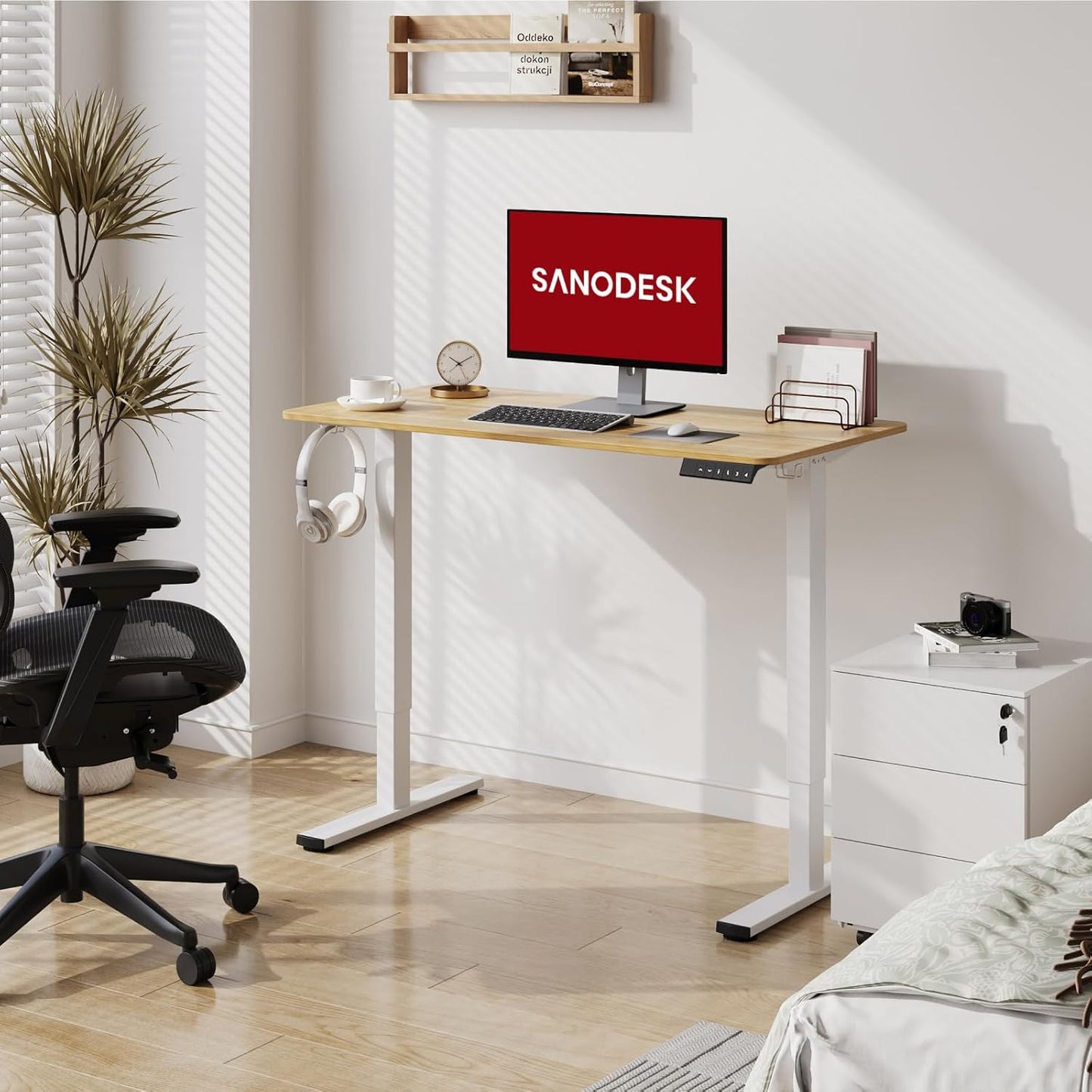 SANODESK Electric Standing Desk 40x24 Inch Height Adjustable Stand Up Desk Home Office Computer Workstation Sit Stand Home Office Desk with Splice Board (White Frame + Maple Top)