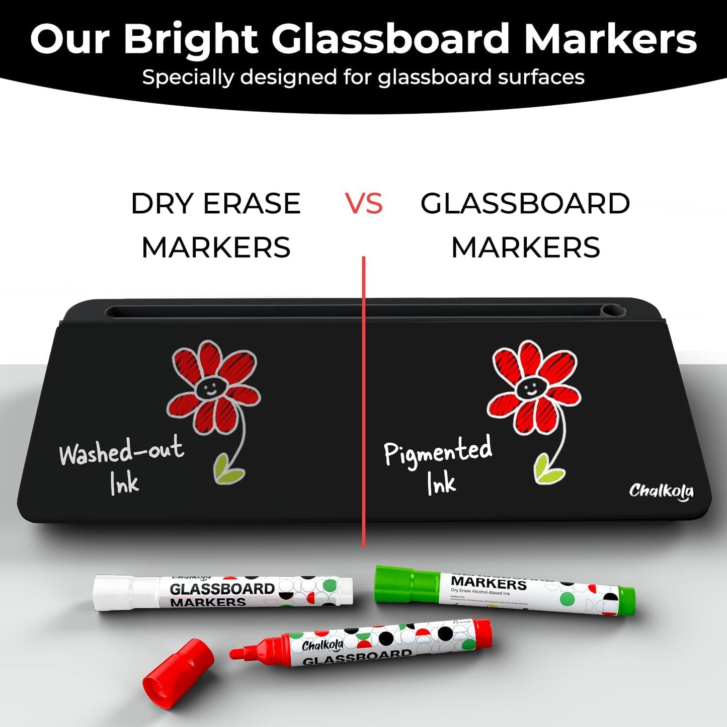 Chalkola Black Glass Desktop Whiteboard with Storage - Dry Erase Board, Work Desk Organizers, Computer Keyboard Stand, Home Office Desk Accessories, Workspace Desktop Buddy + 3 Markers