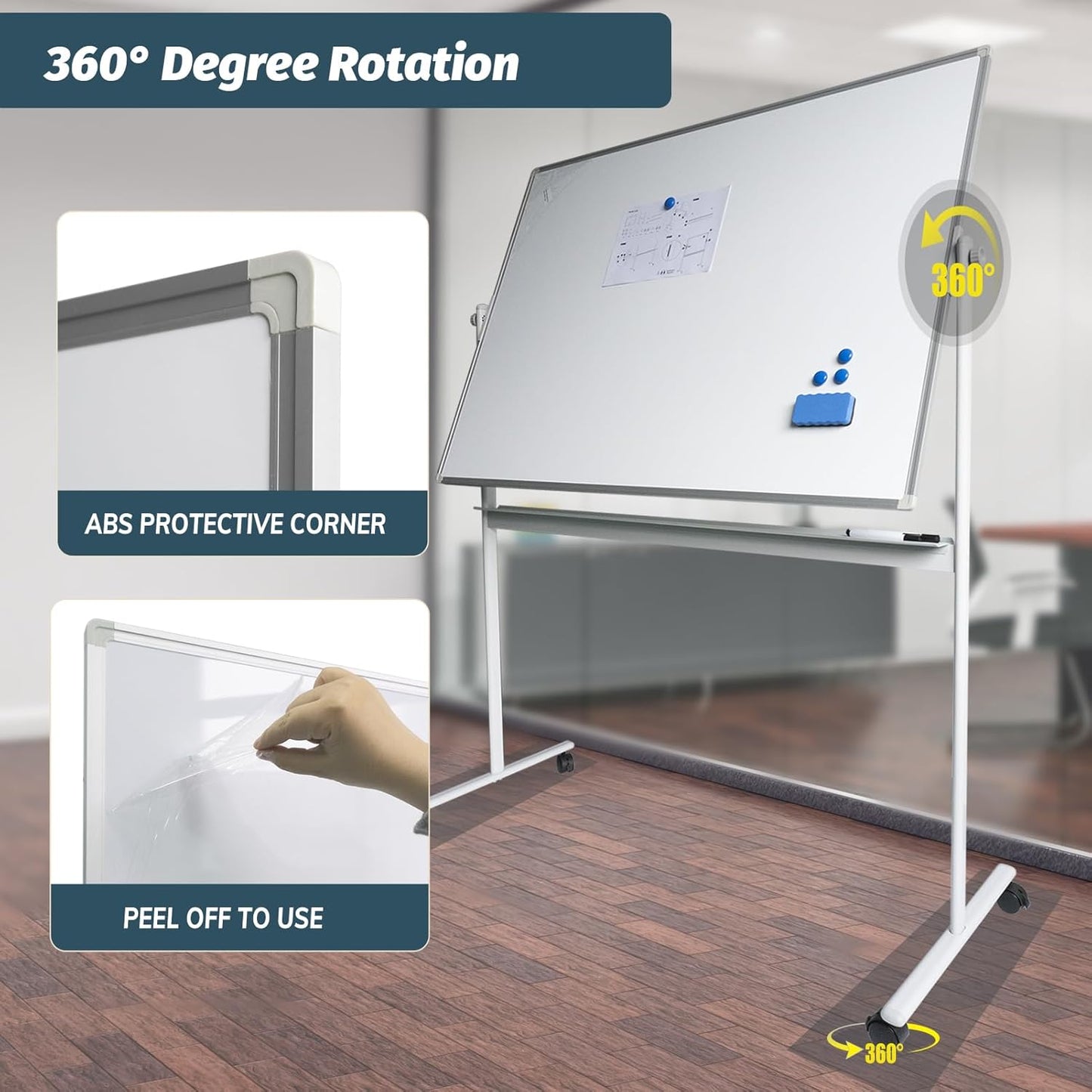 Rolling Whiteboard Magnetic Writeboard 48"x36" Flip Chart with 4 Wheels 2-in-1 Easel-Style Dry Erase Boards 2-in-1 Message Bulletin Board (White)