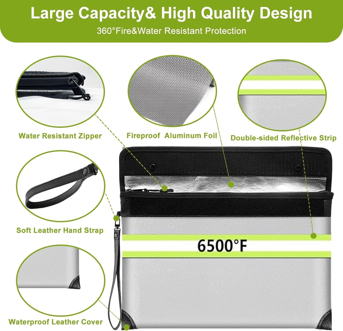 6500°F Upgraded Fireproof Money Bag,10 Layers of Heat Insulated Materials,Fire Proof Box with Waterproof Zipper/Reflective Strip,Document Bag with Handle for Cash,Important Documents（Not Fit A4 Files）