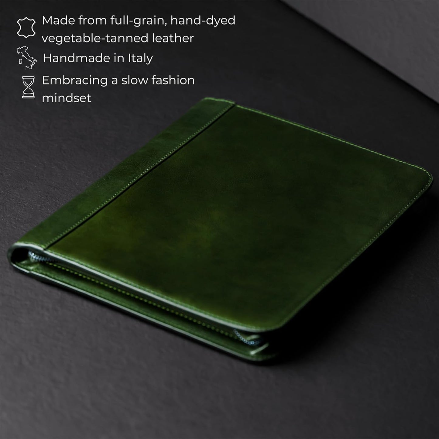 Time Resistance Leather Portfolio - A4 Document Folder - Italian Handcrafted Padfolio Organizer (Green) - Gift Box Included