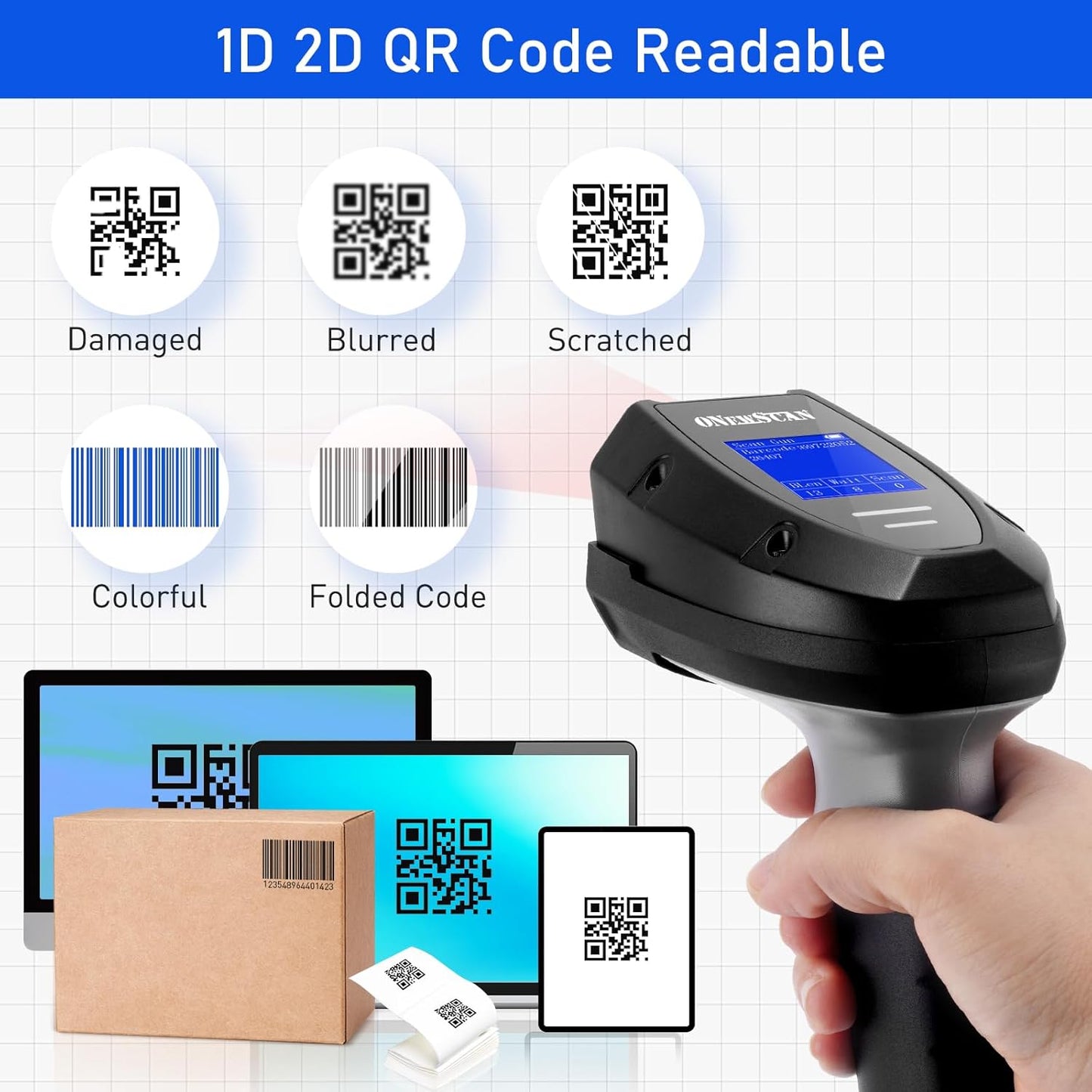 OEWSCAN Barcode Scanner with Screen, Barcode Reader Industrial Pro Version Wireless 1D 2D QR Code Scanner 2.4G Wireless Ultra Long Distance Transmission Handheld Bar Code Scanners with Charging Cradle