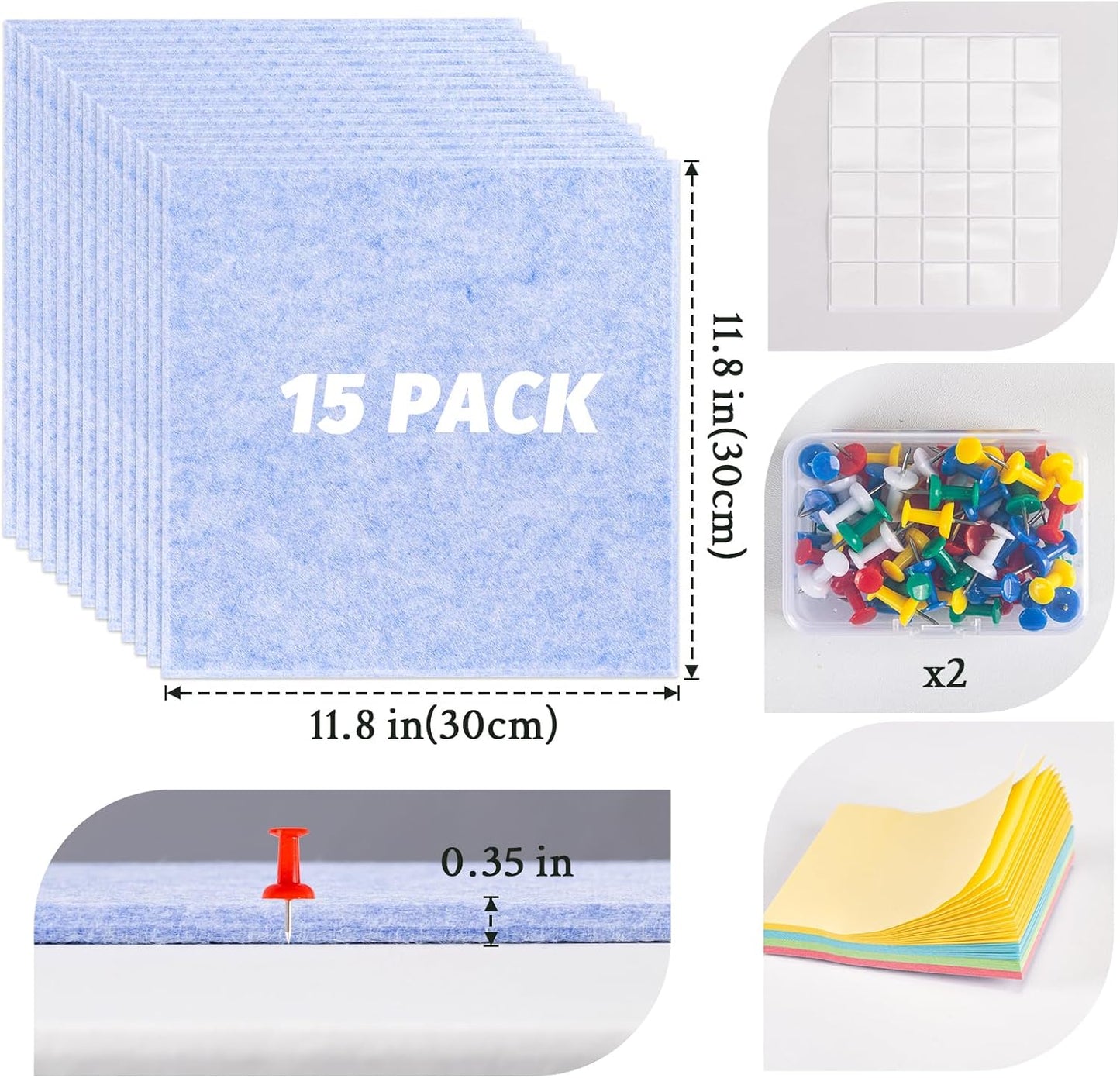 Large Cork Board Alternative, 15 Pack Felt Board with Safe Removable Adhesive Tabs Felt Wall Tiles, Large Cork Boards for Walls, Cork Board for Home Office, Pin Boards for Walls, Light Blue