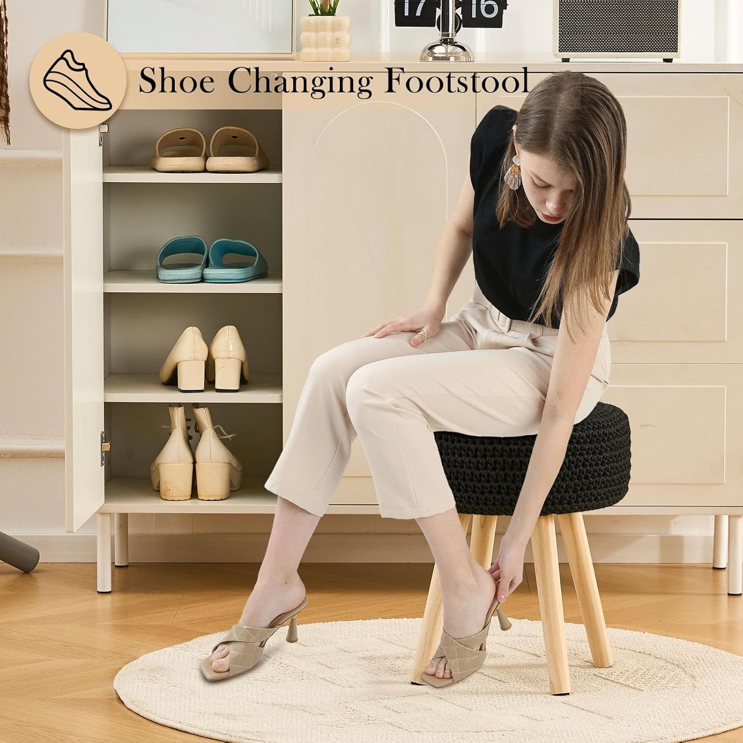 Cotton Knitted Ottoman Round Vanity Stool Modern Footstool Ottoman Footrest with Non-Skid Wood Legs for Living Room Bedroom Black