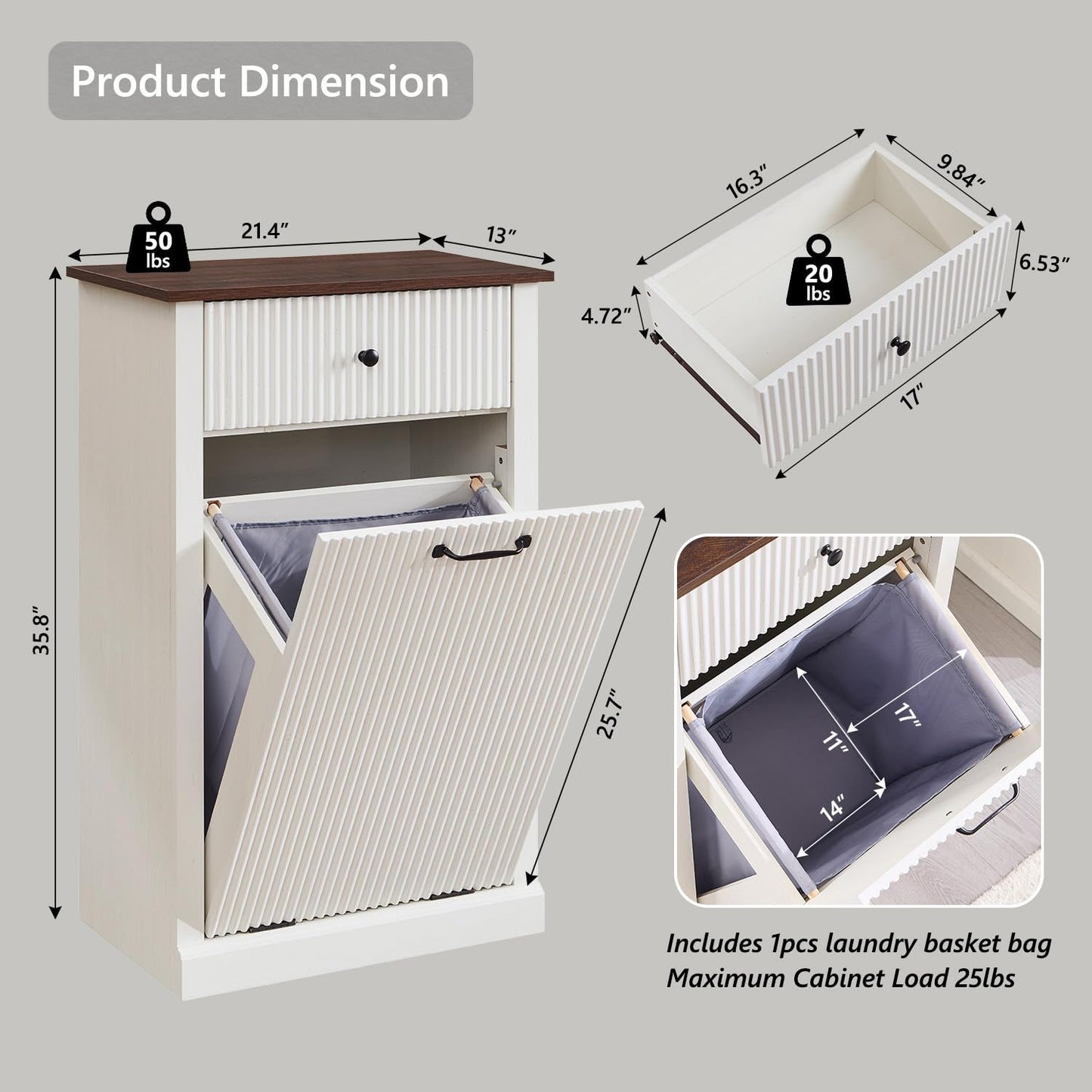 Modern Tilt-Out Trash Can Cabinet, 10 Gallon Fluted Laundry Hamper Cabinet with Drawers, Wooden Hidden Garbage Can Cabinets with Storage Basket, Free Standing for Kitchen and Living Room, White