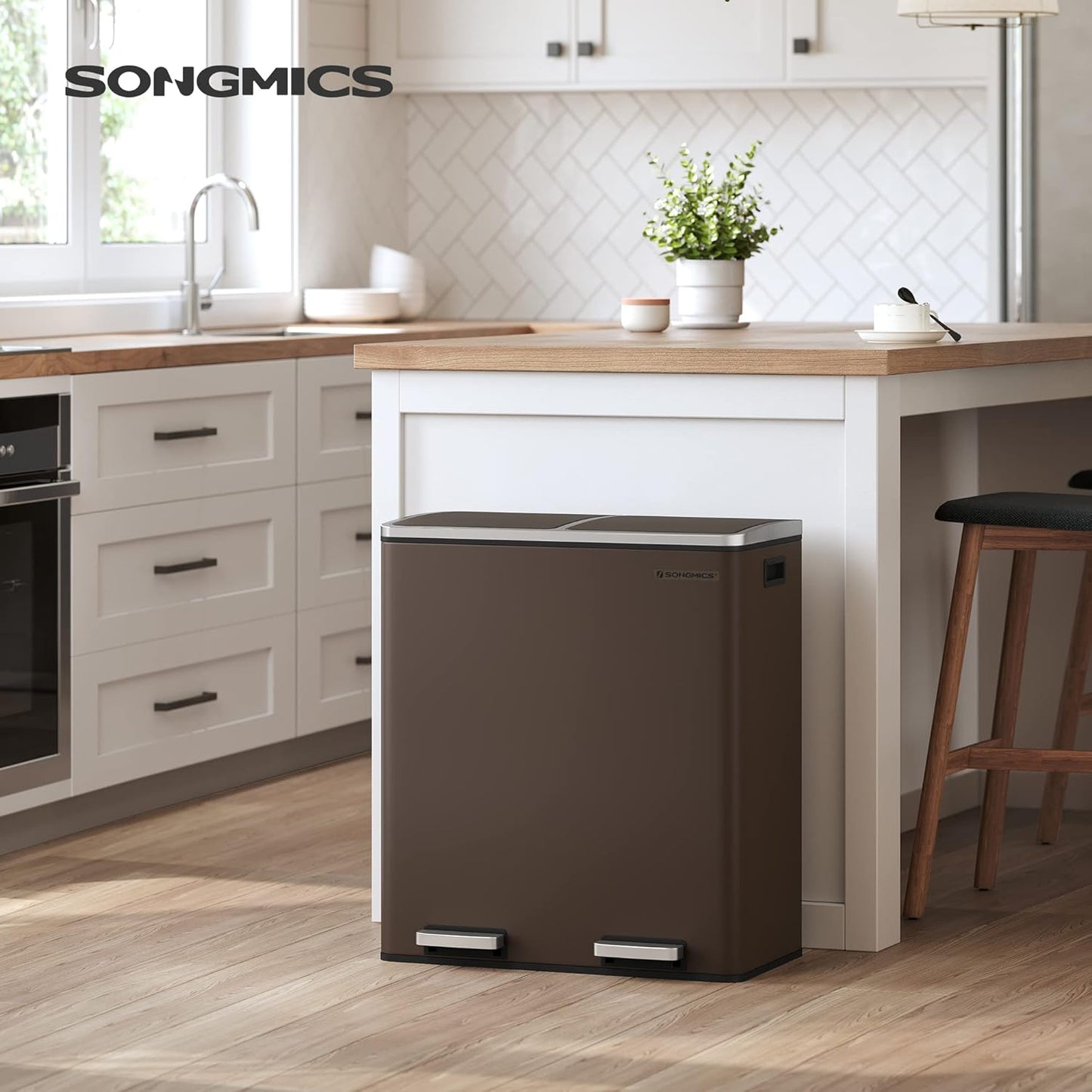 SONGMICS Trash Can, 2 x 8 Gallon (2 x 30 L) Garbage Can for Kitchen, with 15 Trash Bags, 2 Compartments, Plastic Inner Buckets and Hinged Lids, Airtight, Brown ULTB60BR