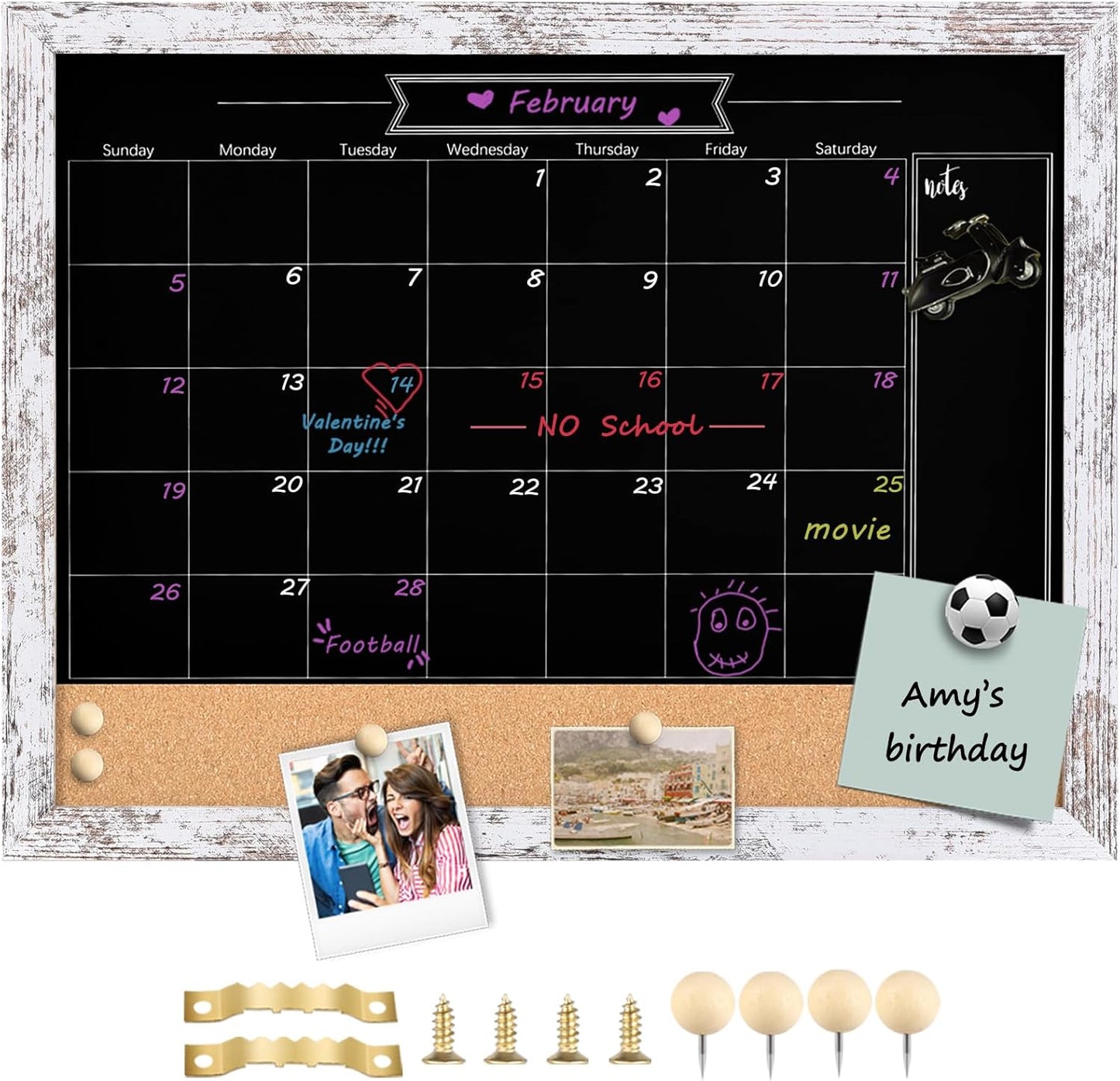 TORASO Magnetic Chalkboard Calendar Corkboard, Small Combination Chalk Board Bulletin Board, 13" x 17", Vintage White Framed Blackboard Calendar Cork Combo Board(ZHHB-Wood WH-3343)