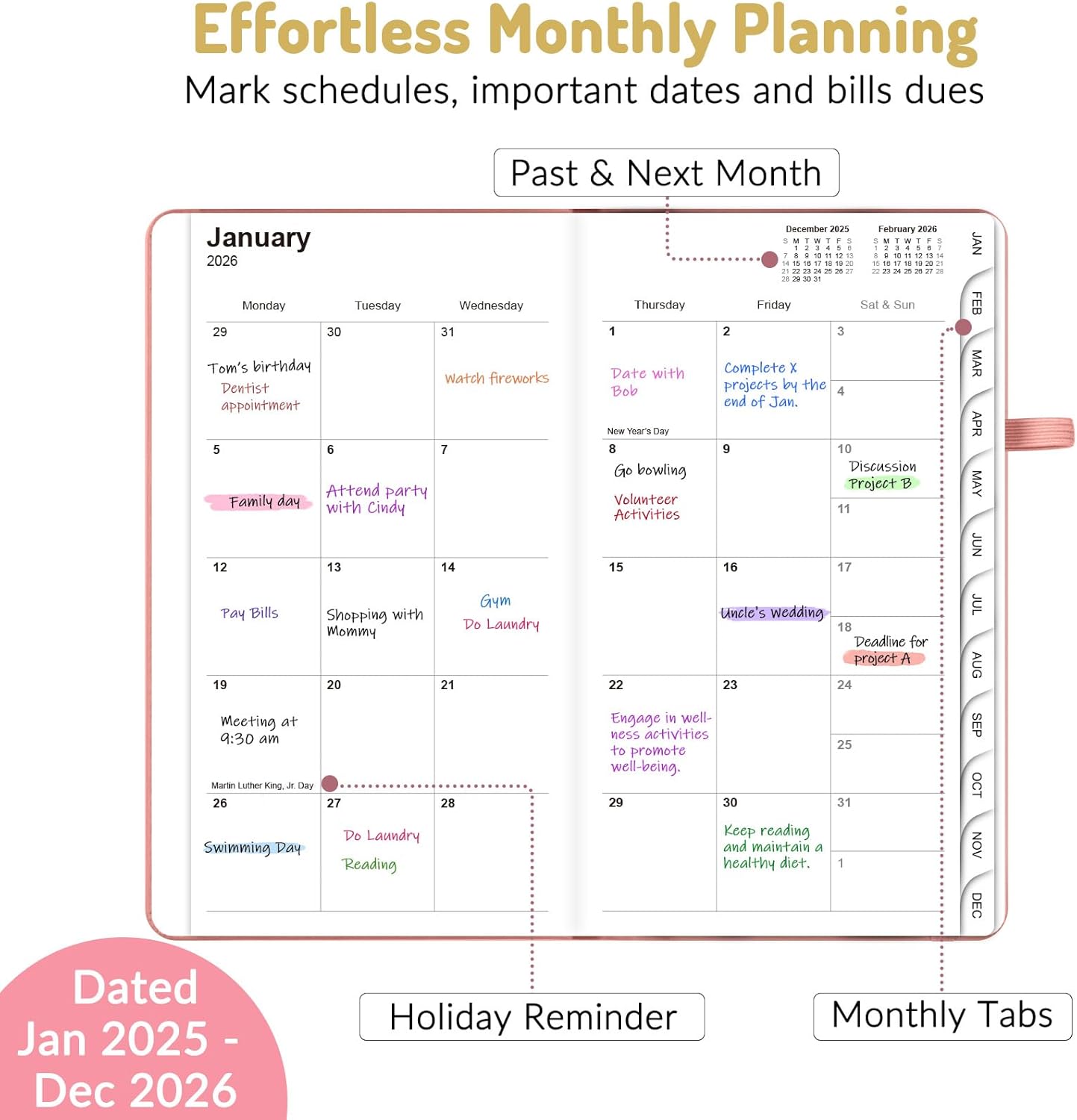 Forvencer Pocket Planner 2026, Weekly Monthly Planners with Month Tabs for Purse, 3.5" x 6", Oct 2025-Dec 2026 (15 Months), Small Daily Academic Calendar, Elastic Band, Hardcover Agenda for Women, Teacher