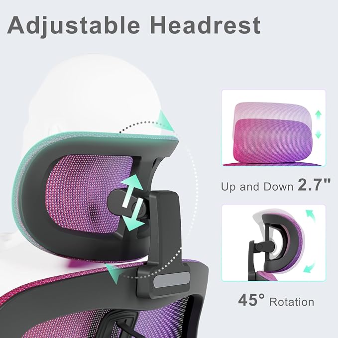 Ergonomic Mesh Office Chair, Gradient Purple Desk Chair with 3D Armrests, Adaptive Thoracic Support, 3D Lumbar Support & Adjustable Headrest, high Back Home Swivel Computer Chair with Tilt Function