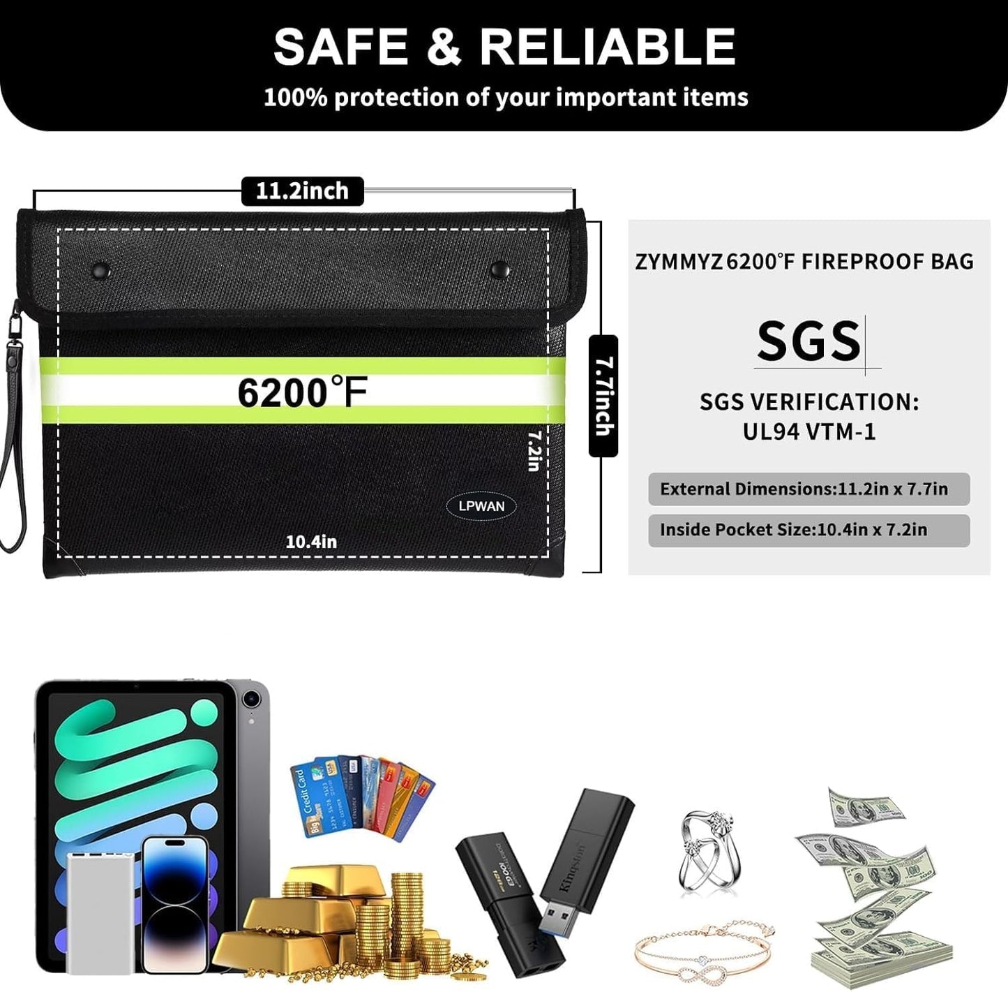 Fireproof Document Bag with Water Resistant Zipper,6200°F Heat Insulated Fire Proof Pouch with Soft Leather Hand Strap,Fire and Waterproof Envelope for Cash,Documents,Jewelry