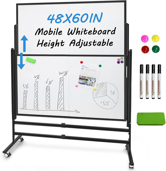60x48 Inch Large Rolling Dry Erase Whiteboard | Height Adjustable Standing Easel with Wheels | Magnetic Double-Sided Board for Office, Home & Classroom | Teaching Supplies