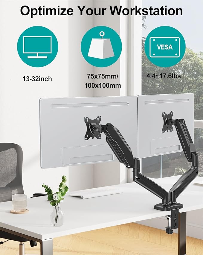 MOUNT PRO Dual Monitor Mount Fits 13 to 32 Inch Screen, Height Adjustable Monitor Stand for 2 Monitors, Gas Spring Display Arm Holds up to 17. 6lbs Each, Computer Desk VESA Mount, Black