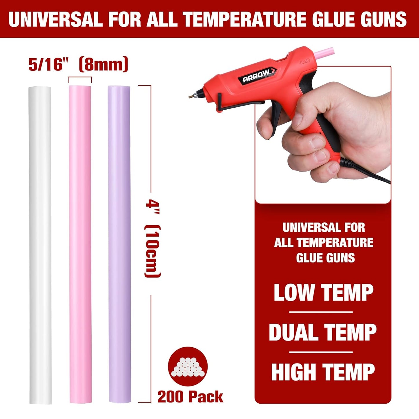 Arrow Mini Hot Glue Sticks, 200 Pack Multi Colored Glue Gun Sticks, Hot Melt High Viscosity All-Purpose Gun Stick in 15 Colors for DIY Art Craft