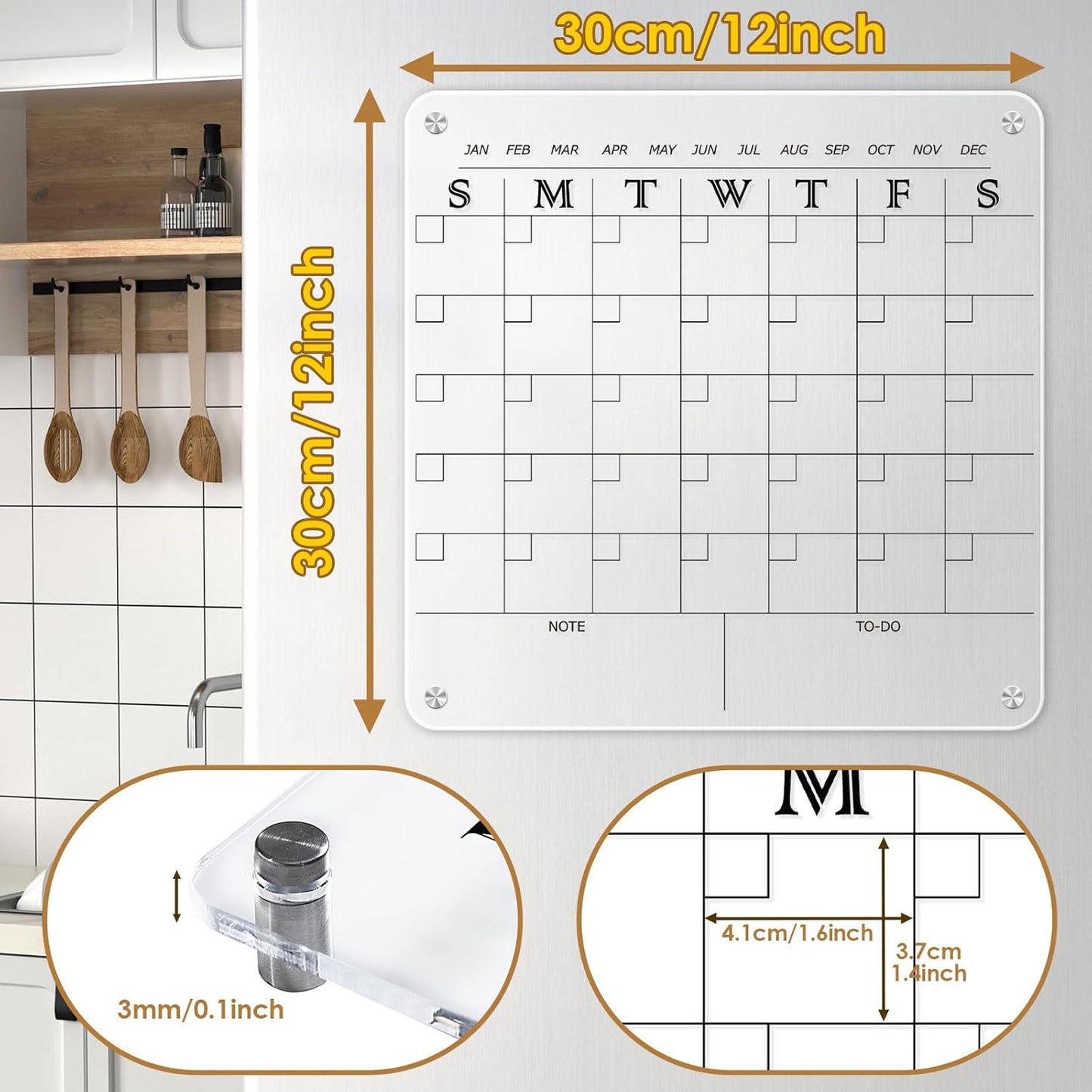 MAKELLO Acrylic Calendar for Wall, Clear Fridge Calendar for Family,2 Pens, Pen Holder, Fixing Screw and Magnets for Refrigerator,12x12 in