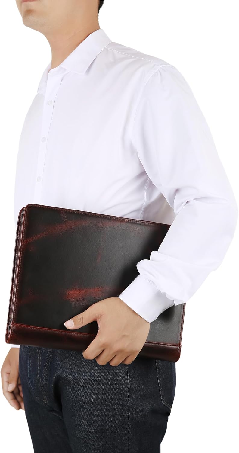 Personalized Leather Portfolio Organizer for IPad/Document, Business Padfolio with A4 Leather Notepad Holder, Custom Leather Compact Folder Conference Portfolio for Men and Women, Oil-Red Brown