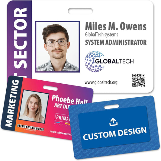 Custom Print Employee ID Badge with Vertical Side Text, Double Sided Print with Name, Photo, Logo, and Barcode – Unique Photo ID Card Solution (ID Horizontal)