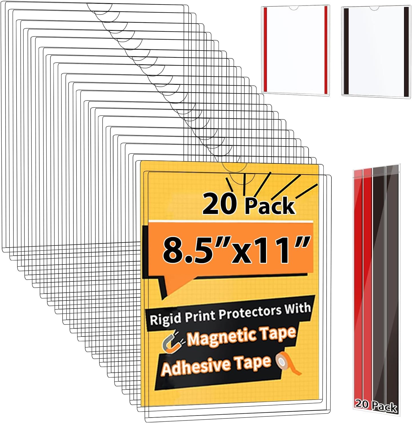 20 Pack Magnetic Sign Holder 8.5 x 11 - Wall Sign Holder Rigid Plastic Sign Holder with Magnet Strips and Adhesive Strips - Magnetic Display Frame Door Sign Holder