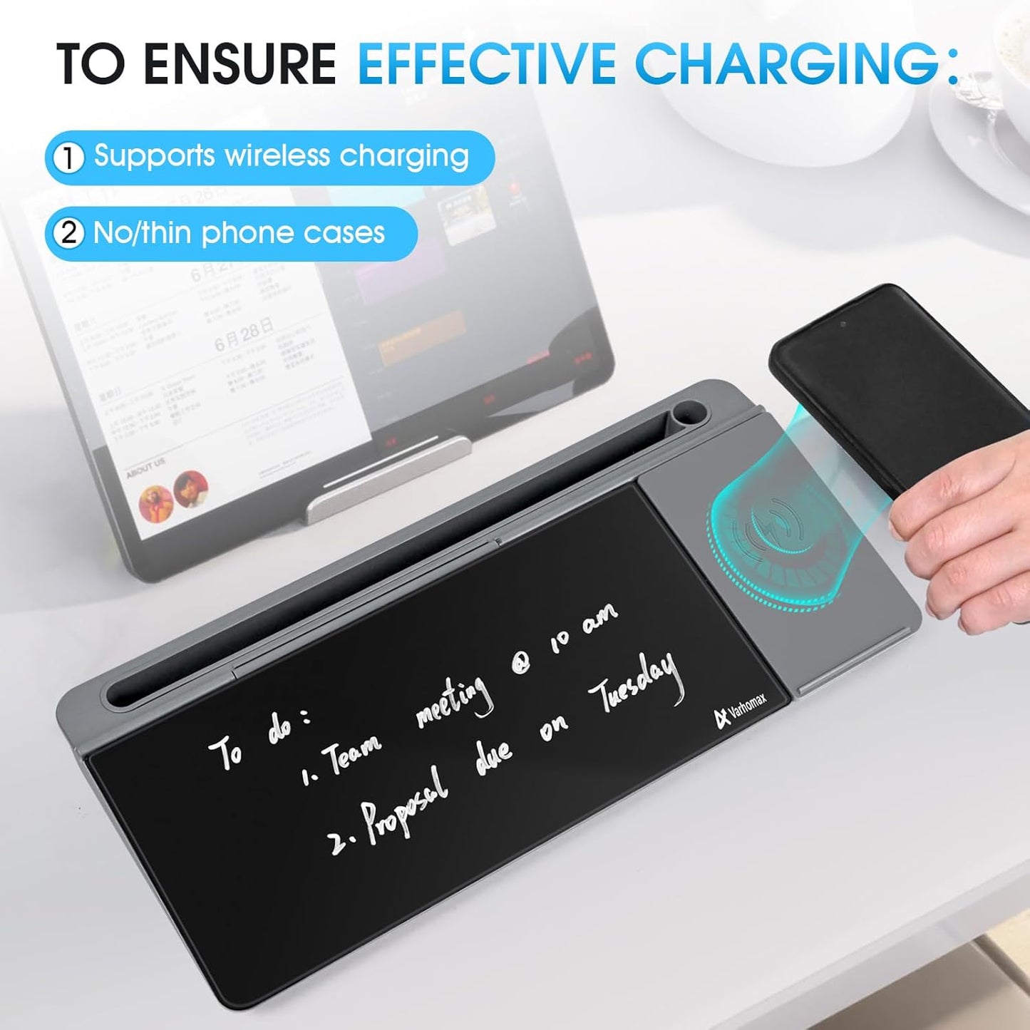 Varhomax Glass Desk Whiteboard with Wireless Charger, Desktop Organizer Dry Erase White Board with Storage, to Do List Memo Notepad for Home Office and School Supplies (Gray & Black)