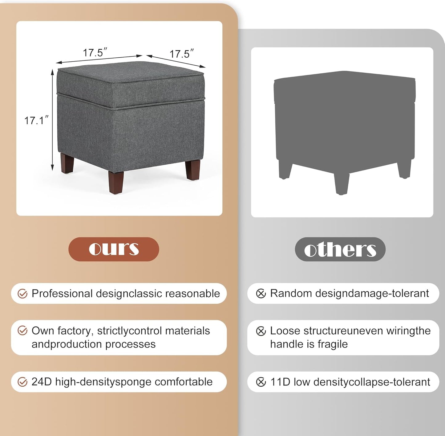 Adeco Chest and Footrest-Square Seat Storage Bench Ottoman, Gray