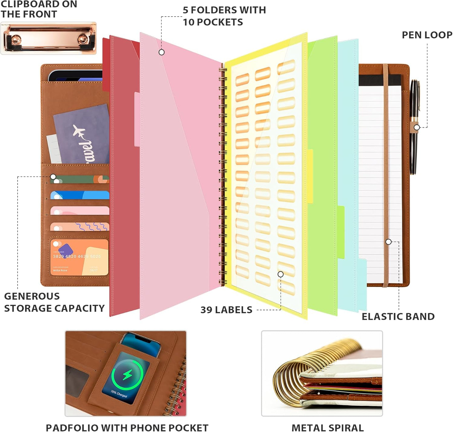 Clipboard with Storage for Men Women, Leather Padfolio Portfolio Organizer 5 Folders with 10 Pockets, Spiral Clipboard Folio with Notepad for Letter Size, Elastic Closure and Pen Loop Brown
