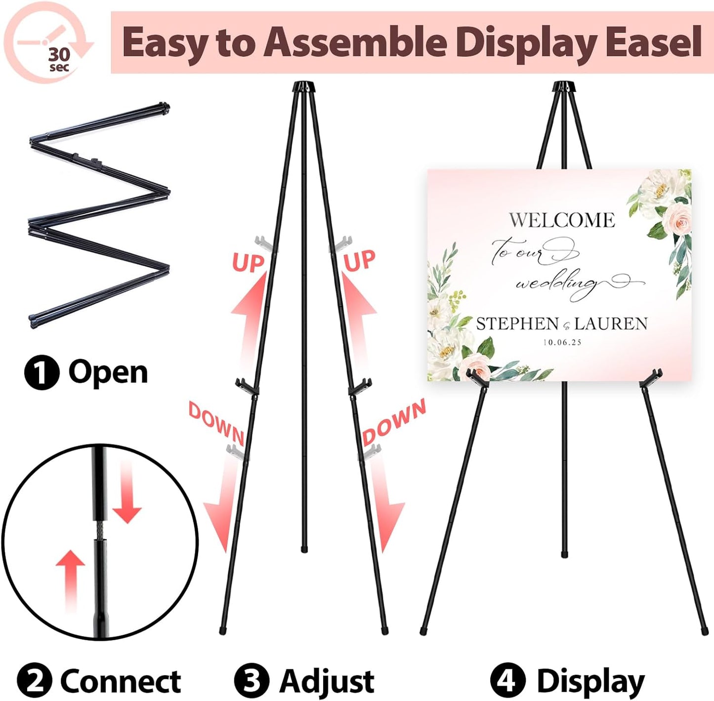 Black Easel Stand for Wedding Signs, Posters & Paintings - 63" Adjustable Portable Display Easel for Welcome Signs, Art Canvas, Pictures - Folding Tripod Stand with Carry Bag (1 Pack)