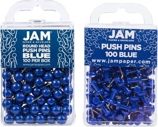 JAM PAPER Colorful Push Pins - Flat & Round Head Thumb Tack Combo Set - Blue Pushpins - 200/Pack
