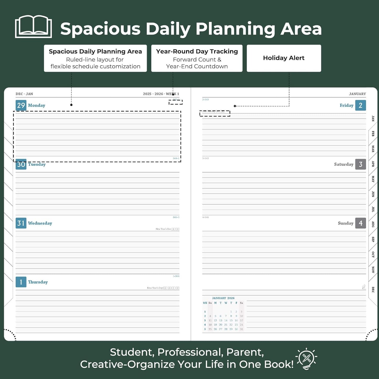 Weekly Monthly 2026 Planner (Jan.26-Dec.26),8.5"x6.5",12 Months Agenda Plan with Month Tabs & Pocket,Expenses/Note Pages, Appointment Book Calendar with Hardcover Vegan Leather Cover,Green
