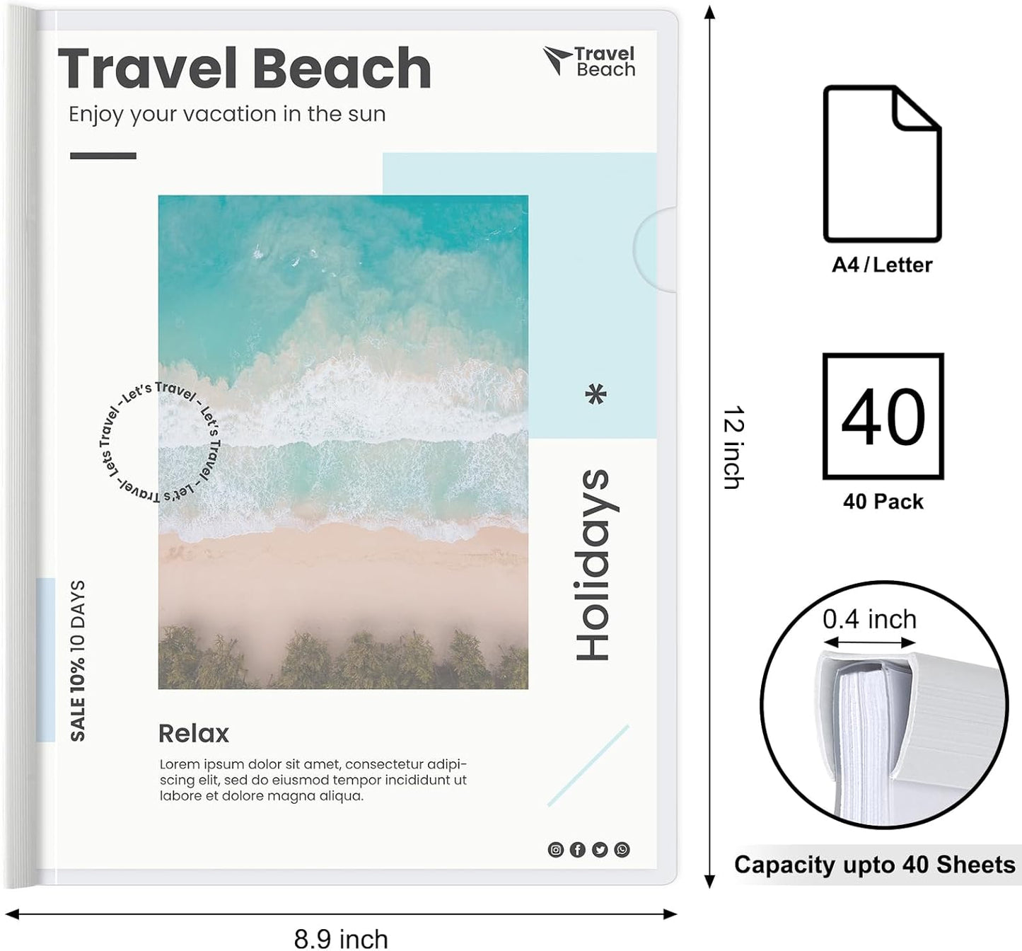 JOERSH 40Pcs Clear Report Covers with Sliding Bar, 40 Sheet Capacity Plastic Binder Paper Protector, Report Folders with Clear Cover for Resume File Documents, 5 Colors