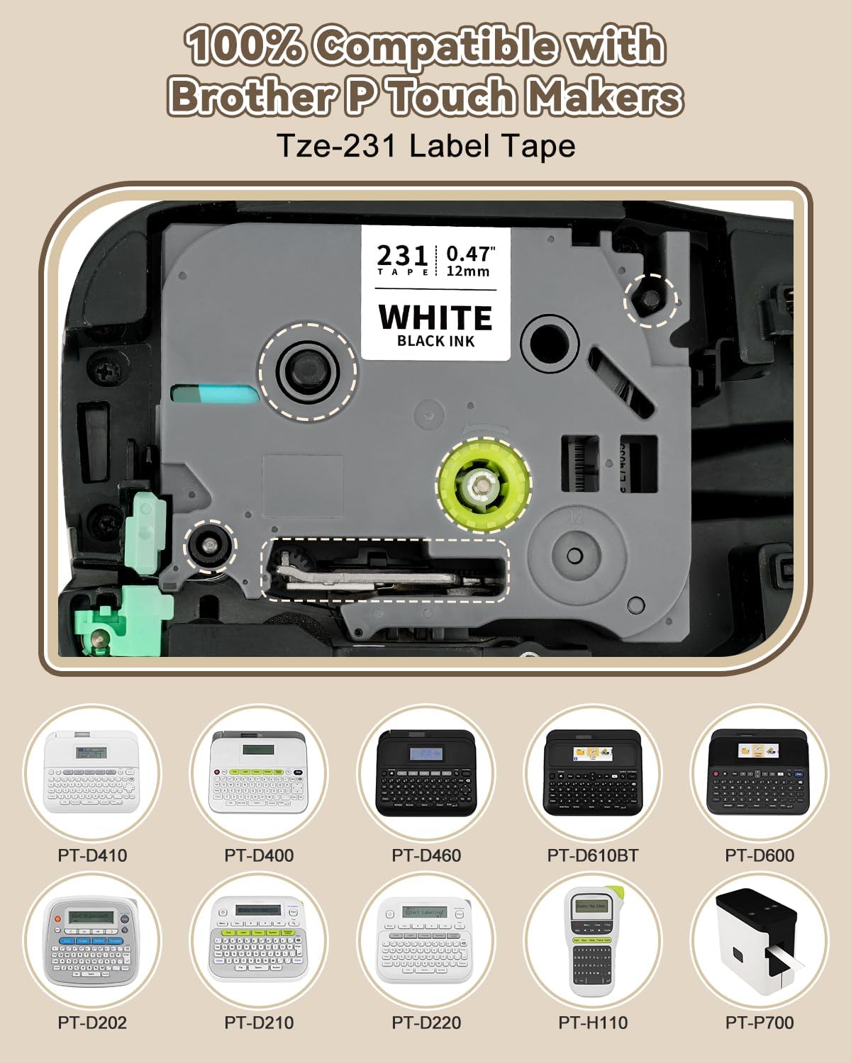 Tze-231 12mm 0.47 Laminated White Tape Replace for Brother P Touch Label Tape Compatible with Brother Label Maker PTouch H110 D220 D600 D410 D210 D200 D400 P700 1280 1880, TZe Label Tape 1/2 Inch 3pk