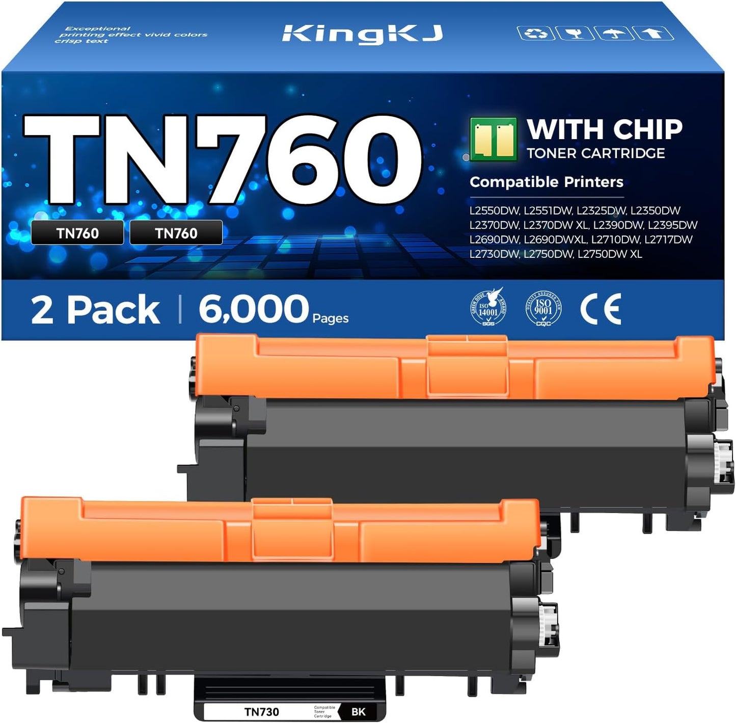 TN760 Black Toner Cartridge 2-Pack Compatible Replacement for Brother TN-760 TN730 MFC-L2710DW MFC-L2750DW HL-L2350DW DCP-L2550DW HL-L2395DW HL-L2370DW HL-L2325DW HL-L2390DW MFC-L2690DW Laser Printer