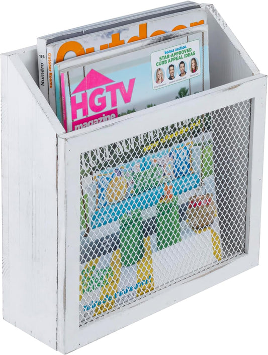 MyGift Rustic Magazine Holder Vintage White Wood and Chicken Wire Design Wall Mounted/Tabletop Mail Sorter, Farmhouse Home, Bathroom, Office Magazine Rack