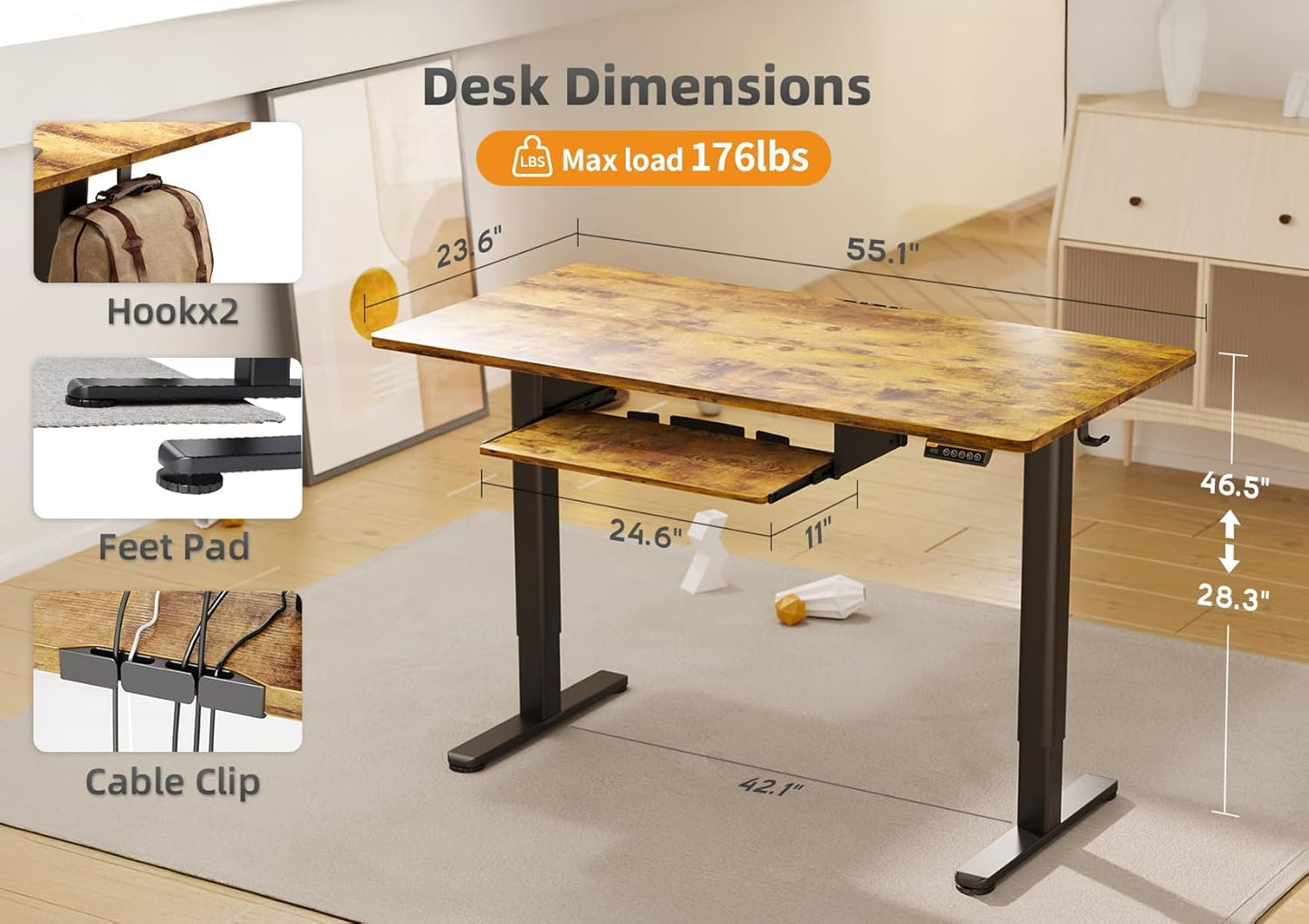 Claiks Standing Desk with Keyboard Tray, Standing Desk Adjustable Height, Raising Desks for Home Office and Computer Workstation, 55 Inches, Rustic Brown
