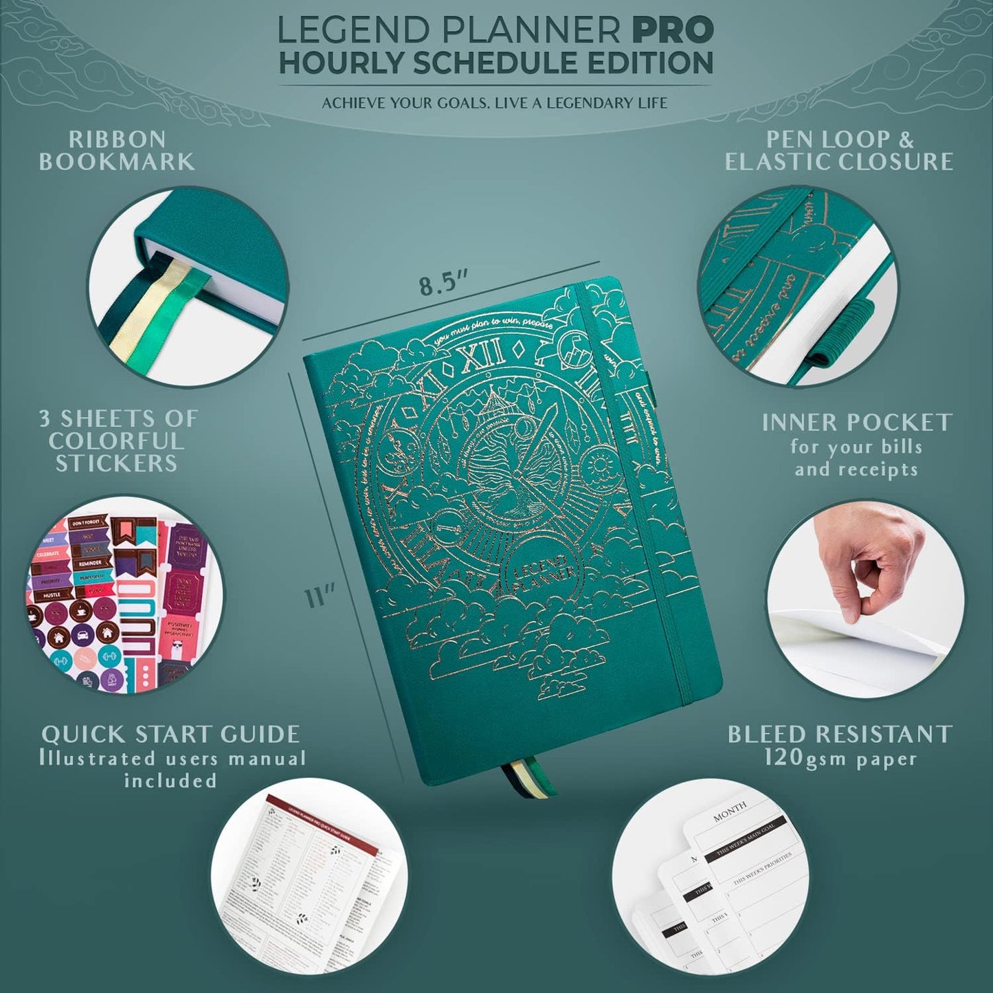 Legend Planner PRO Hourly Schedule - Weekly & Daily Organizer with Time Slots. Appointment Book Journal for Work & Personal, A4 (Viridian Green)
