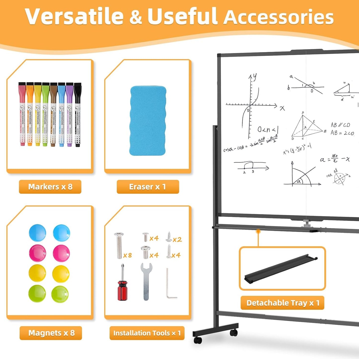 WALGLASS Rolling Whiteboard on Wheels, 72"x36" Double-Sided Dry Erase White Board with Stand, Large Magnetic Whiteboard, Giant Portable Standing Black Boards for Office, School, Home, Classroom 6x3 ft