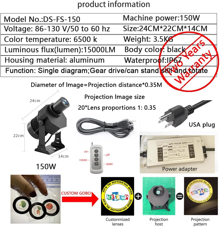 150W LED Logo GOBO Projector Ip67 Waterproof DJ Effect Light Including Free Custom Glass GOBO to Project Image for Hotel Company Store Wedding Advertising Indoor and Outdoor Use (150W)