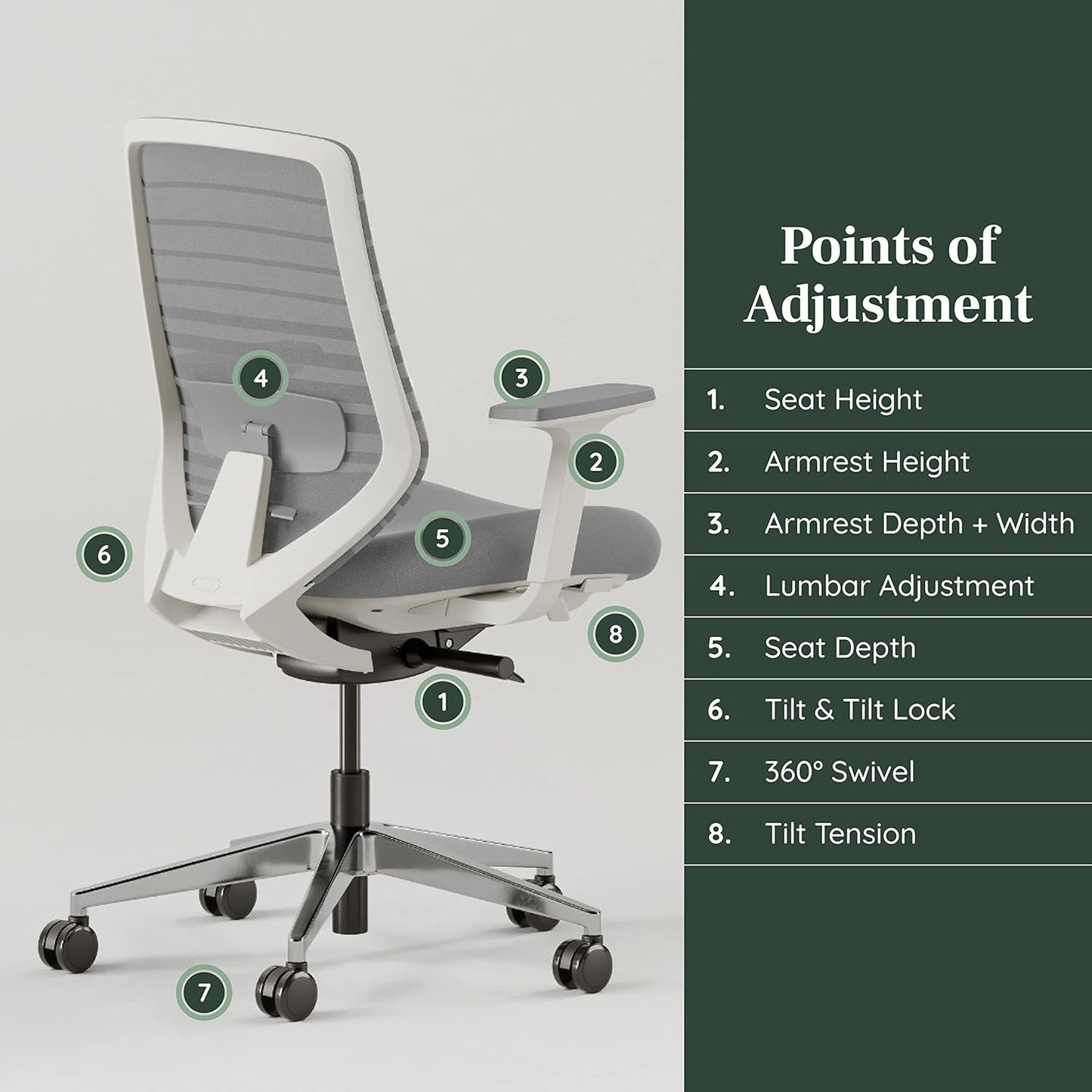 Branch Ergonomic Chair - A Versatile Desk Chair with Adjustable Lumbar Support, Breathable Mesh Backrest, and Smooth Wheels - Experience Optimal Comfort and Support - Pebble - White